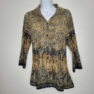 Vintage y2k gold tan abstract mixed print button front grunge top size large
